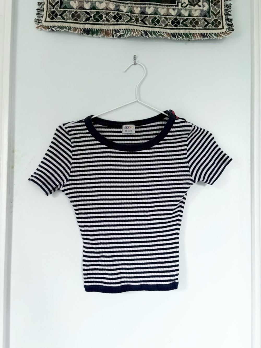 MODES navy striped tee w red cloth button shoulder detail